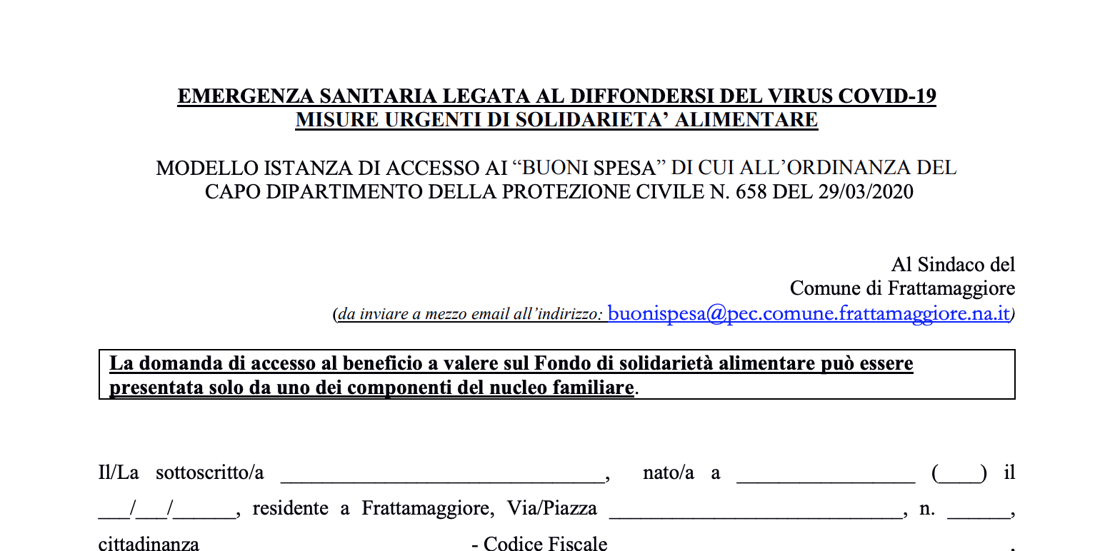Frattamaggiore, ecco il modulo per riceve il “Buono Spesa”