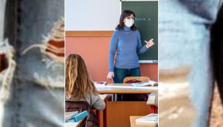 Sigilla con lo scotch gli strappi del jeans indossato dalla studentessa