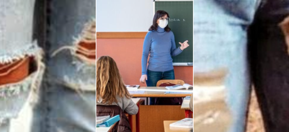 Sigilla con lo scotch gli strappi del jeans indossato dalla studentessa