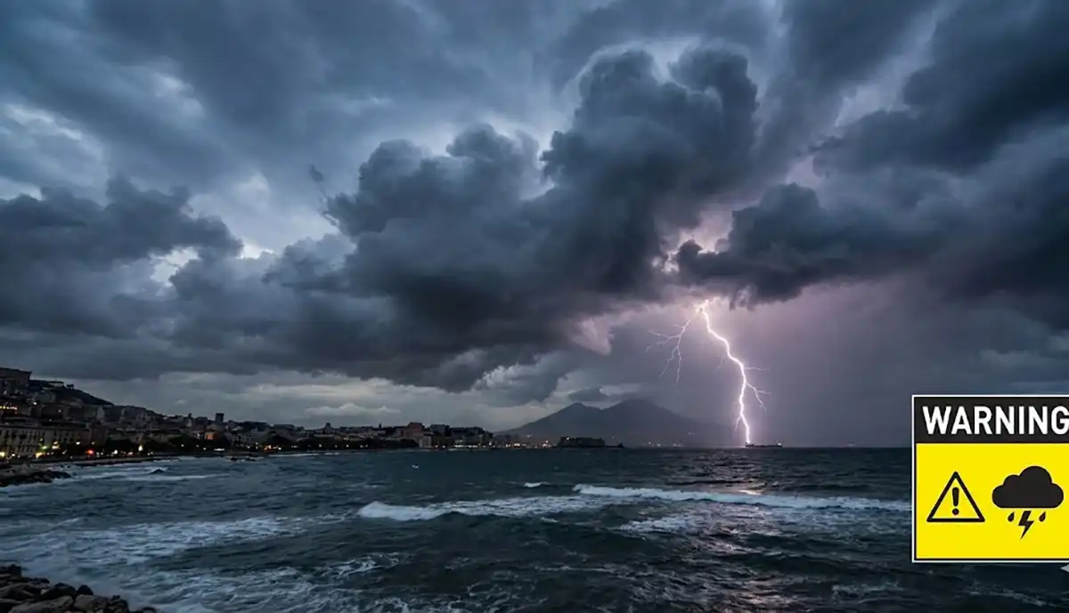 Cielo minaccioso con nubi scure e fulmini sopra il golfo di Napoli durante un'allerta meteo.