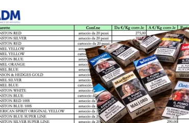 Una foto con una lista di marche di sigarette e i prezzi